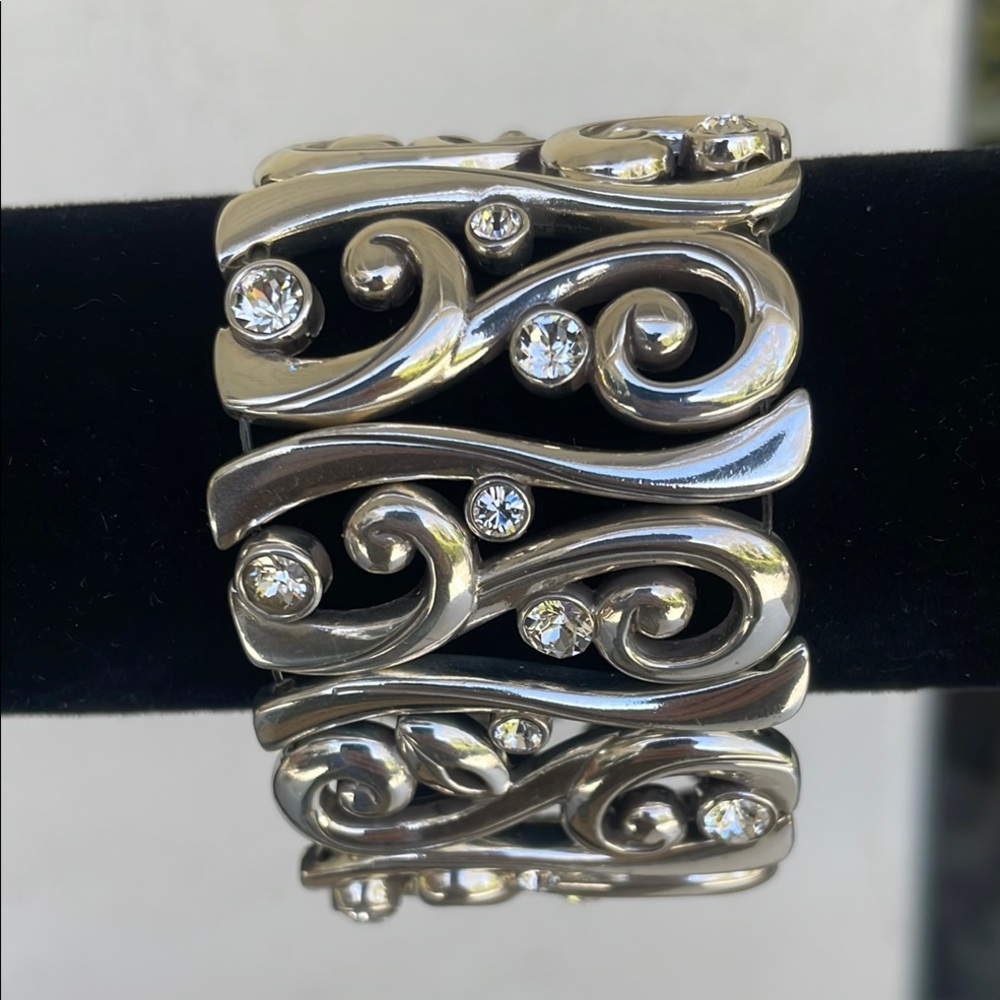 Silver Scrollwork Stretch Cuff Bracelet with Gemstone Accents